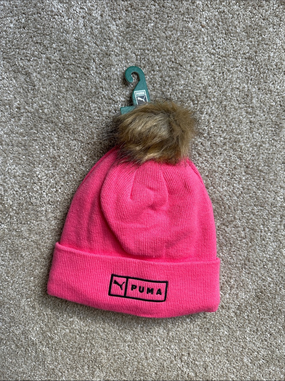 Puma Hot Pink Beanie with Faux Fur Pom